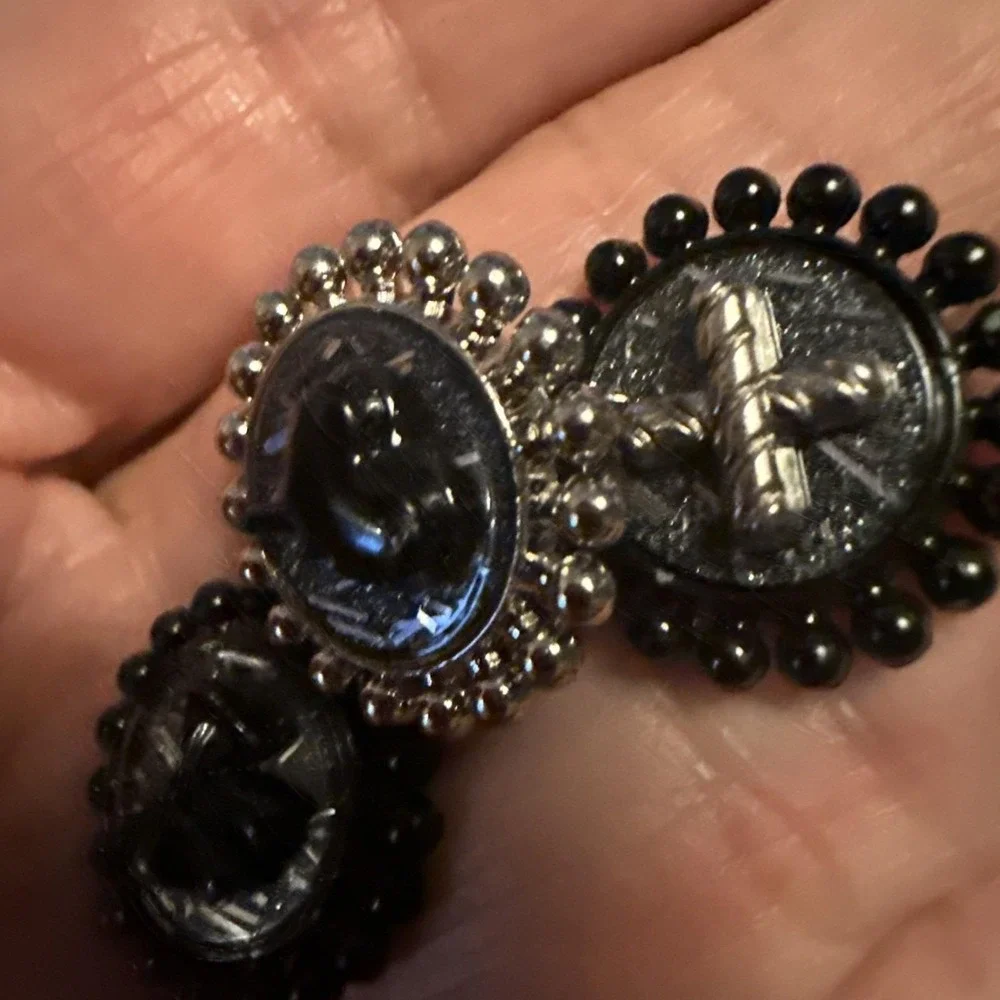 Vintage Incredible Rare GlassPainted Shank Buttons-Heart,Bow&Cross-Black/Silver